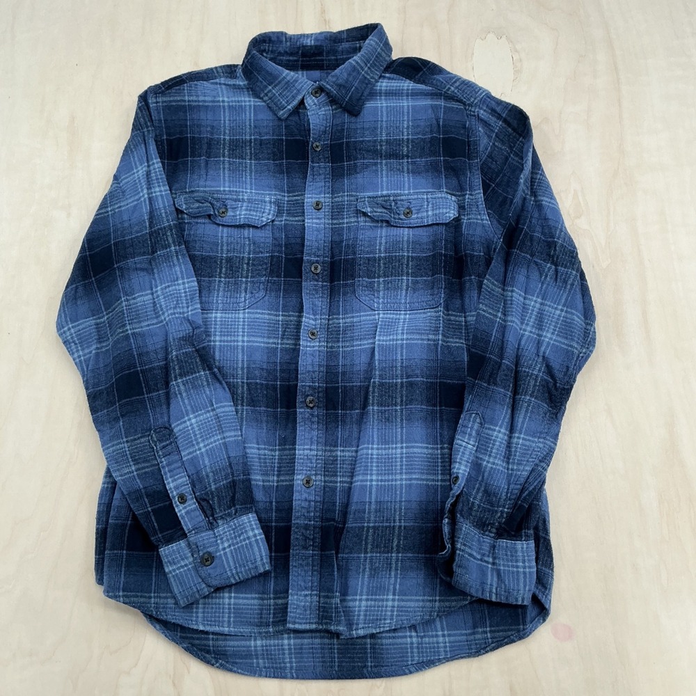 George Flannel Shirt Mens Medium Blue Ombre Plaid Long Sleeve Button Down Grunge